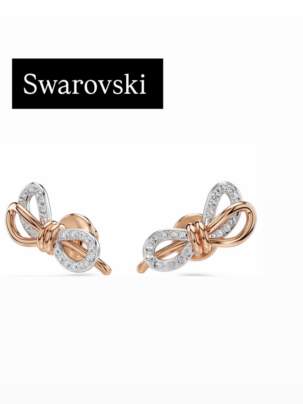 Swarovski Rose Gold and Silver Bow Crystal Stud Earrings NWT